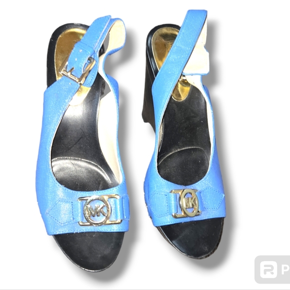 Michael Kors blue and black slingback wedges with gold MK Logo hardware size 6M - Picture 6 of 8